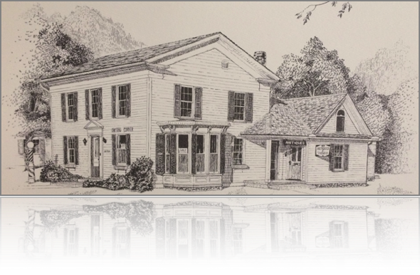 Old sketch of Slade House cross fading into current photo of slade house